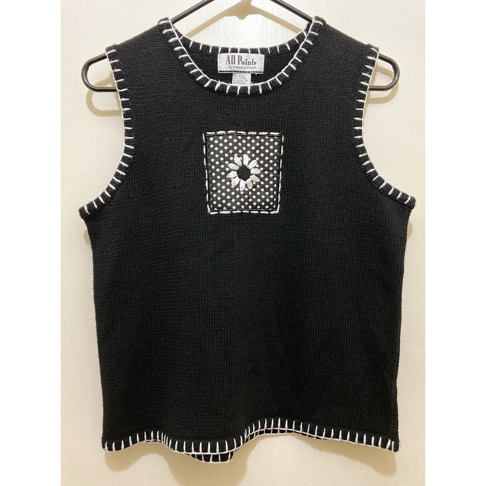 All Points‎ Reference Point Women M Sweater Vest Daisy Flower Embroidery Black - Picture 2 of 9